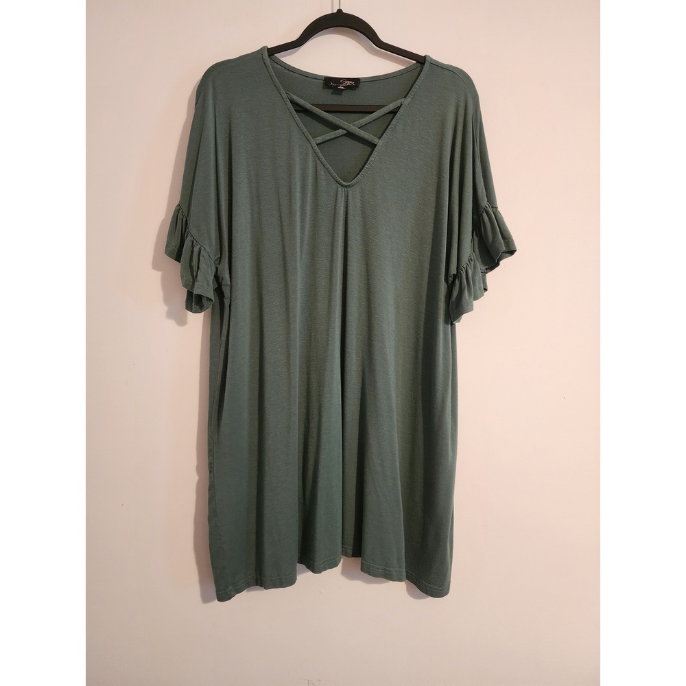 Suzanne Betro Women 2X Sage Green Ruffle Sleeve Crisscross V-Neck Tunic Top